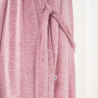 Close up image showing the belt loops on the Heather Mauve women's robe