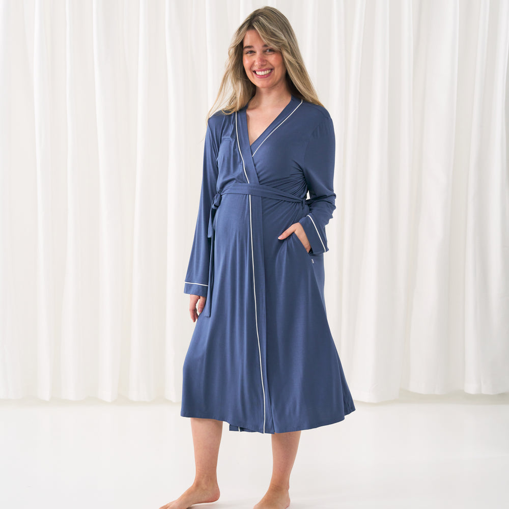 woman posing with her hand in her pocket wearing a Women's Robe in Indigo