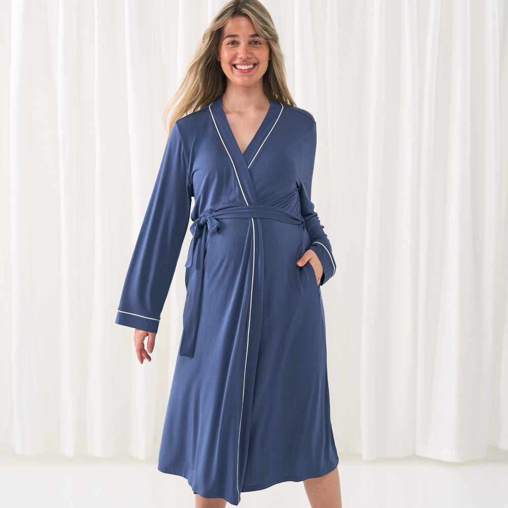 alternative image of a woman posing with her hand in her pocket wearing a Women's Robe in Indigo