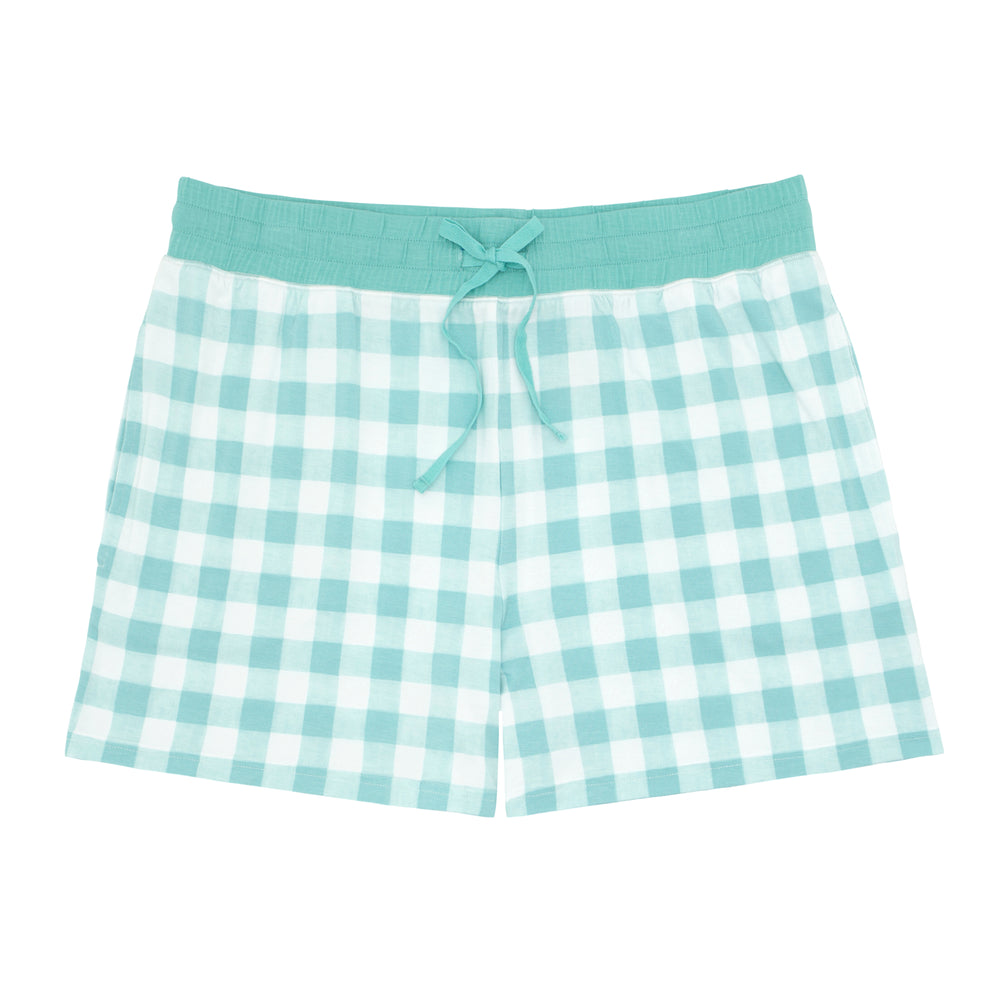 Click to see full screen - Flat lay image of Aqua Gingham women's pajama shorts