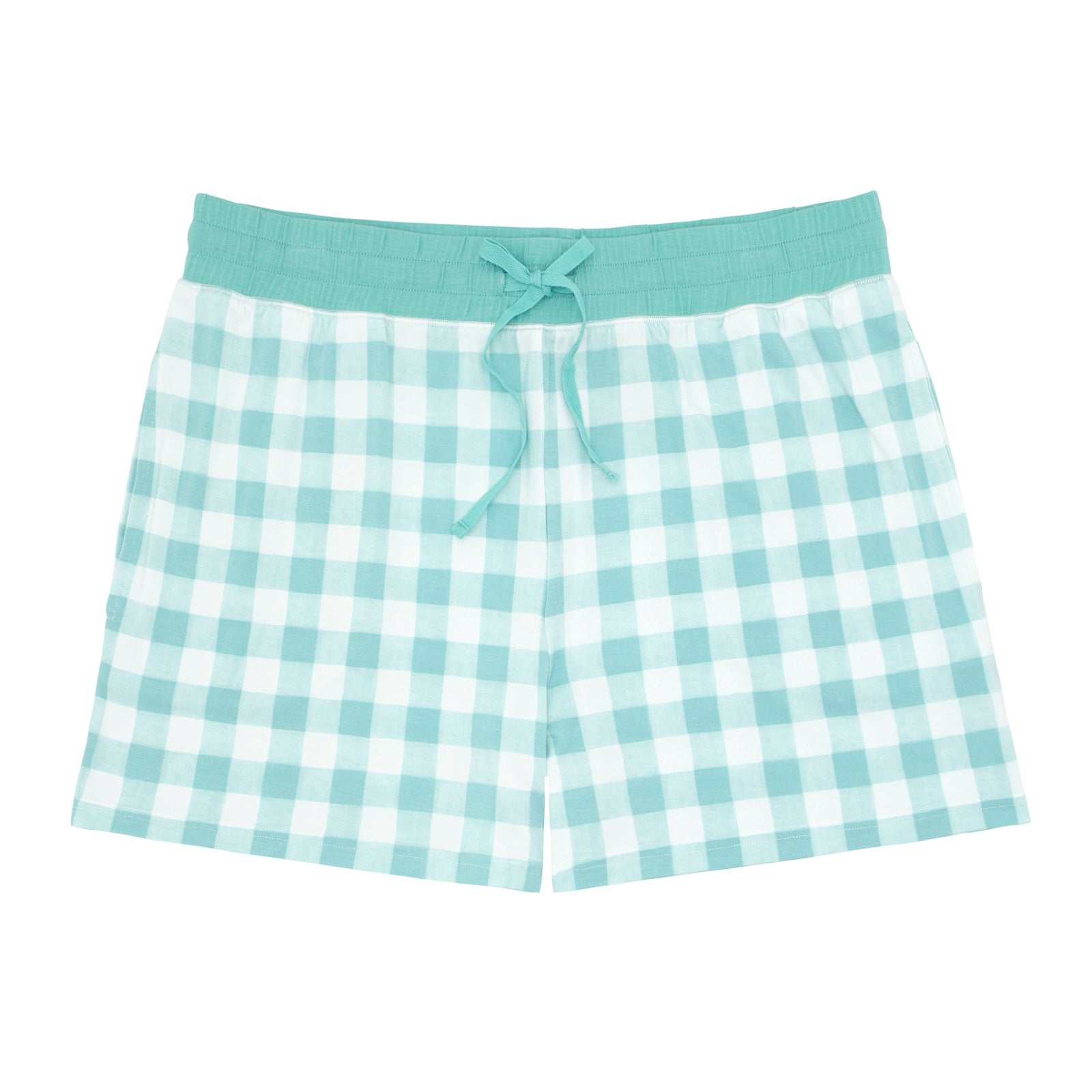 Flat lay image of Aqua Gingham women's pajama shorts
