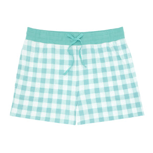 Flat lay image of Aqua Gingham women's pajama shorts