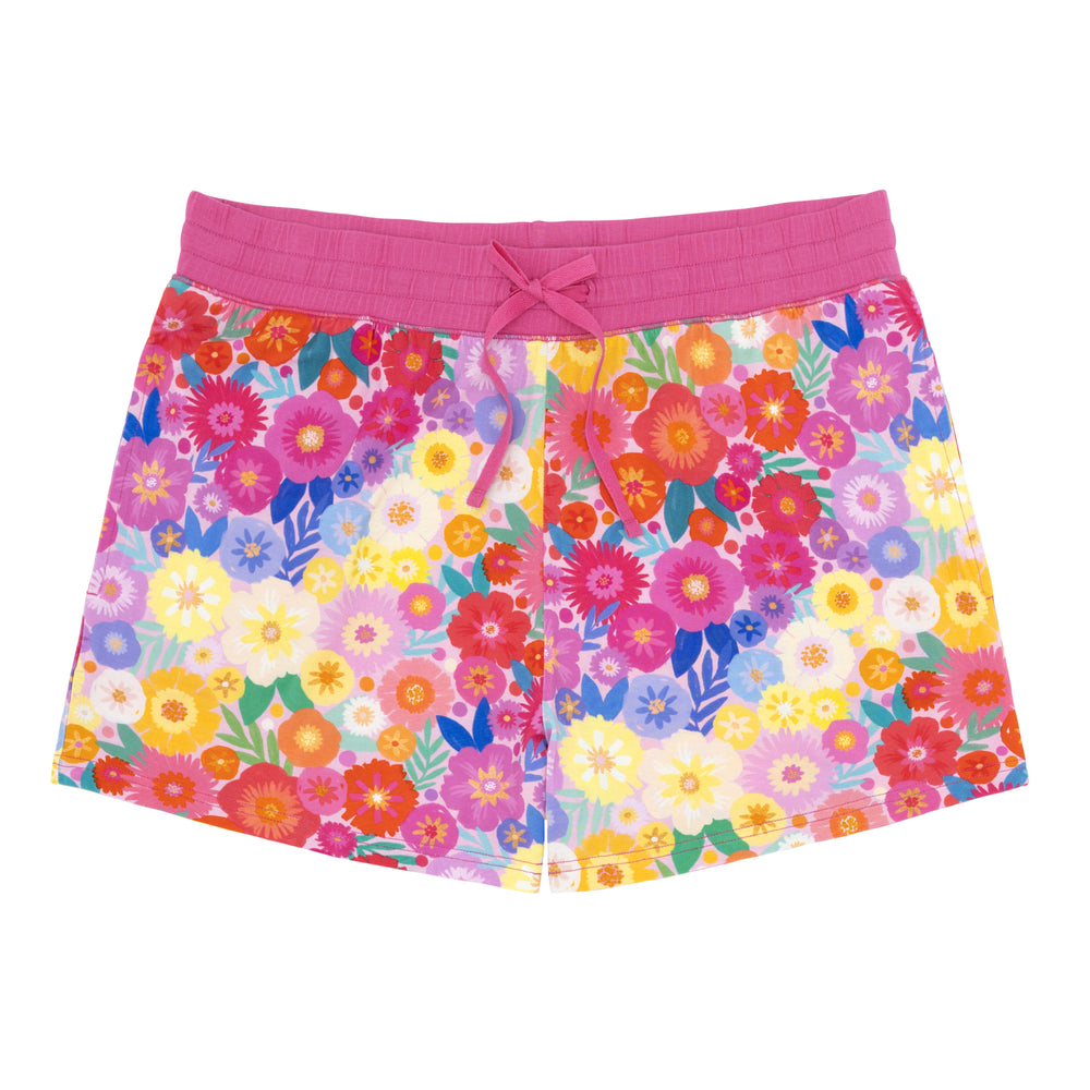 Flat lay image of Rainbow Blooms women's pajama shorts