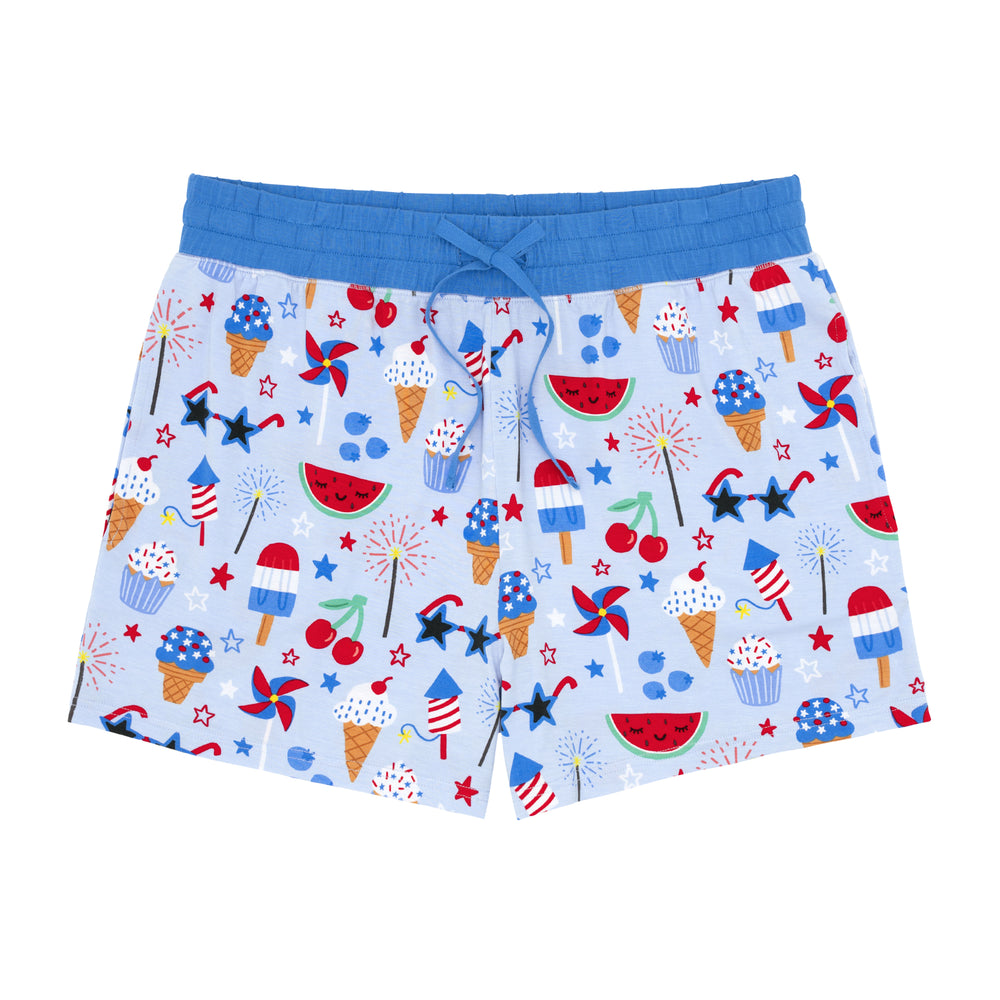 Flat lay image of women's Stars, Stripes, and Sweets pj shorts