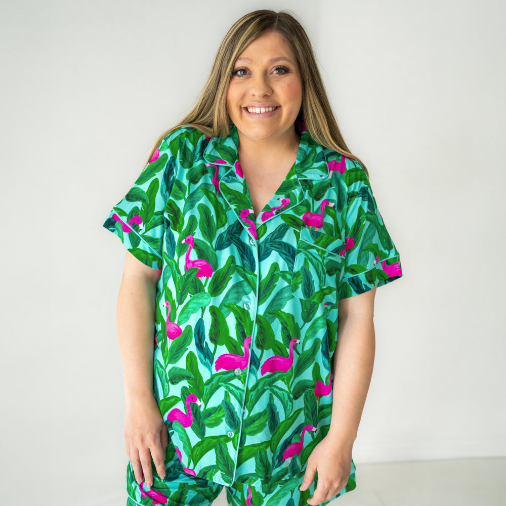 Alternate close up image of a woman wearing women's Palm Springs short sleeve and shorts pajama set showing the top