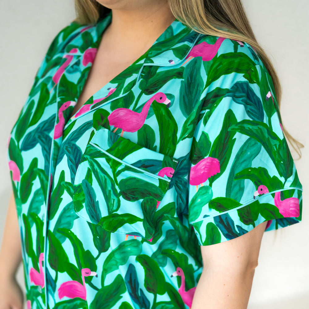 Close up image of a woman wearing women's Palm Springs short sleeve and shorts pajama set showing the top