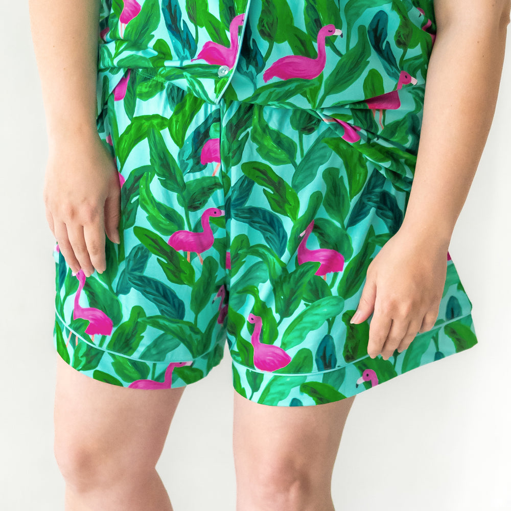 Close up image of a woman wearing women's Palm Springs short sleeve and shorts pajama set showing the shorts