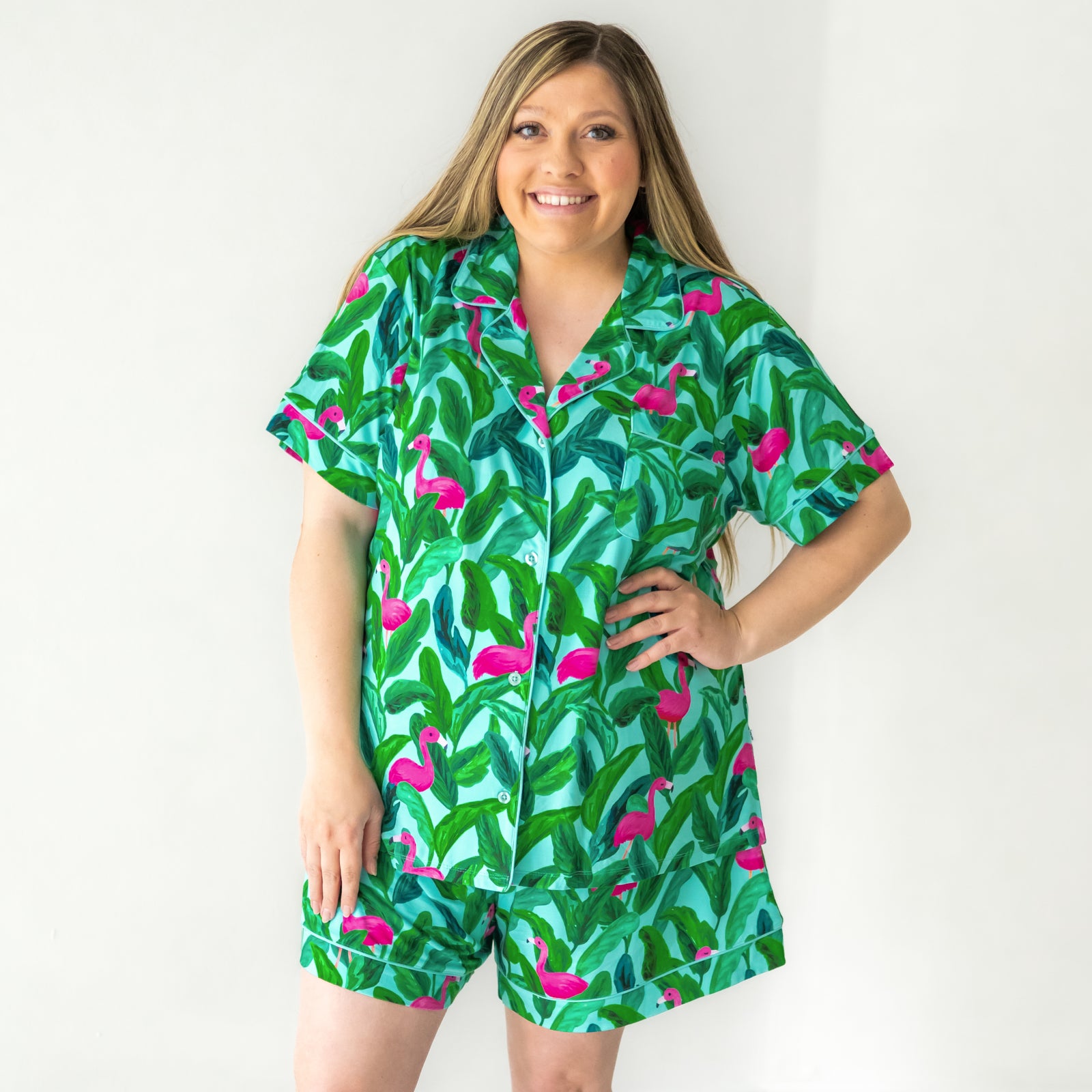 woman posing wearing women's Palm Springs short sleeve and shorts pajama set