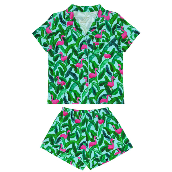 Flat lay image of women's Palm Springs two piece short sleeve and shorts pajama set