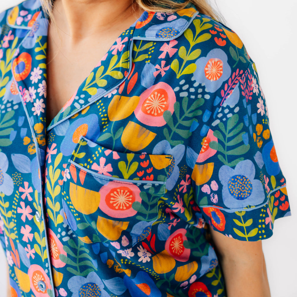 Close up image of the top pocket detail on the Folk Floral Women's Short Sleeve Pajama Set 