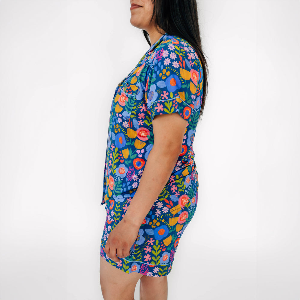 Side image of woman wearing the Folk Floral Women's Short Sleeve Pajama Set