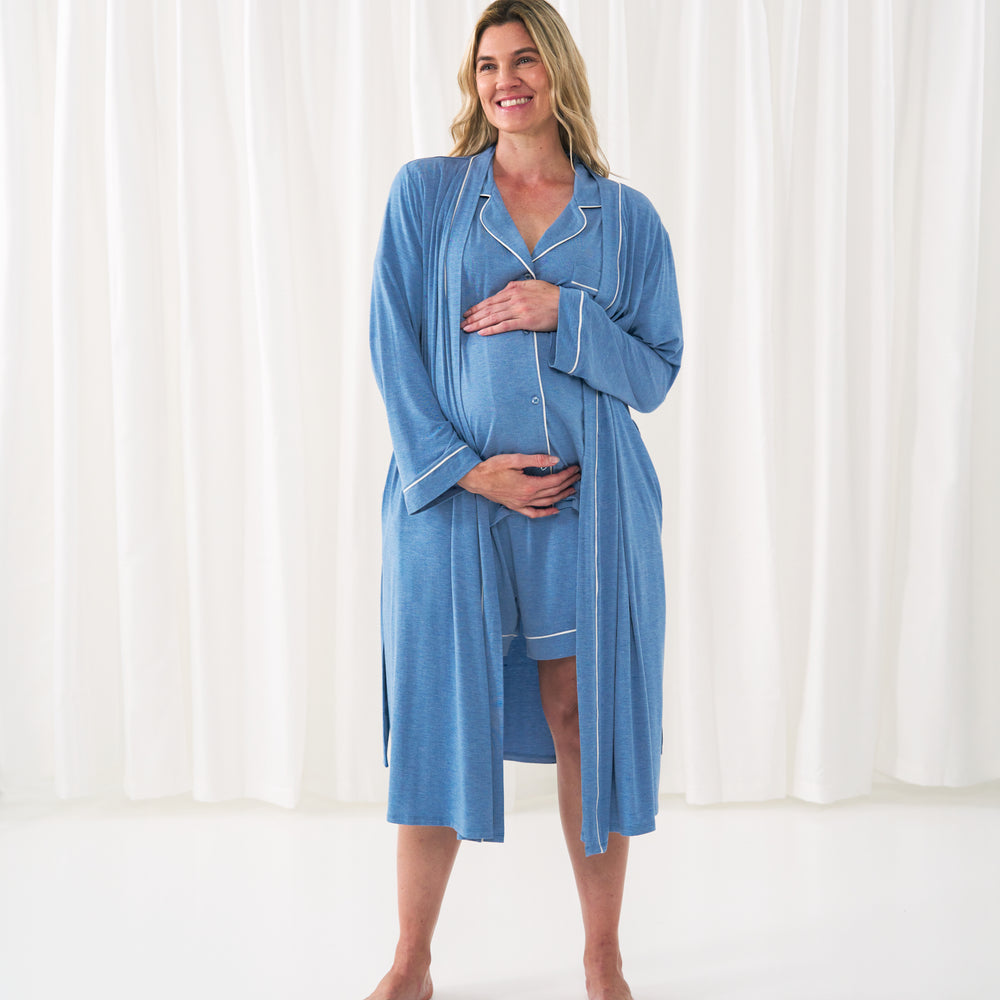 woman wearing Heather Blue women's pajama set paired with a matching heather blue robe
