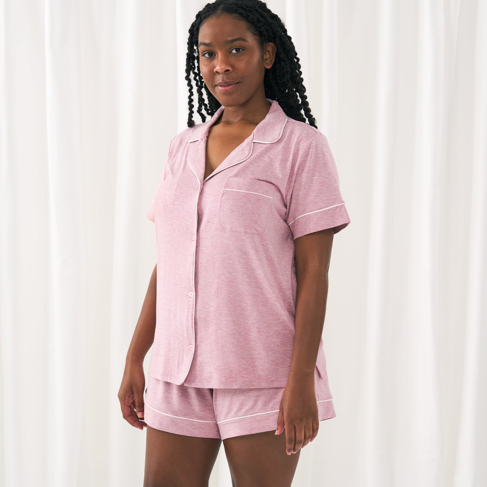 woman wearing a Heather Mauve women's short sleeve and shorts pajama set