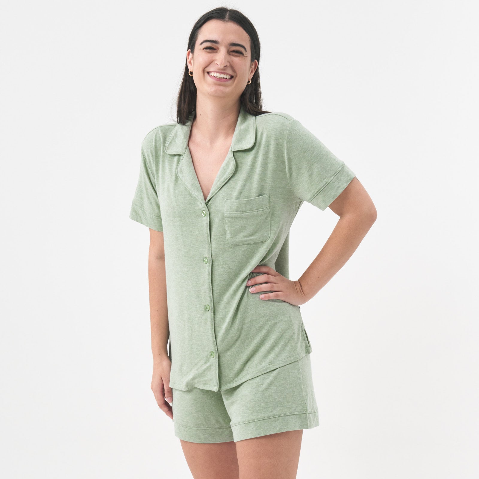 woman wearing a Heather Sage women's PJ short sleeve and shorts pj set
