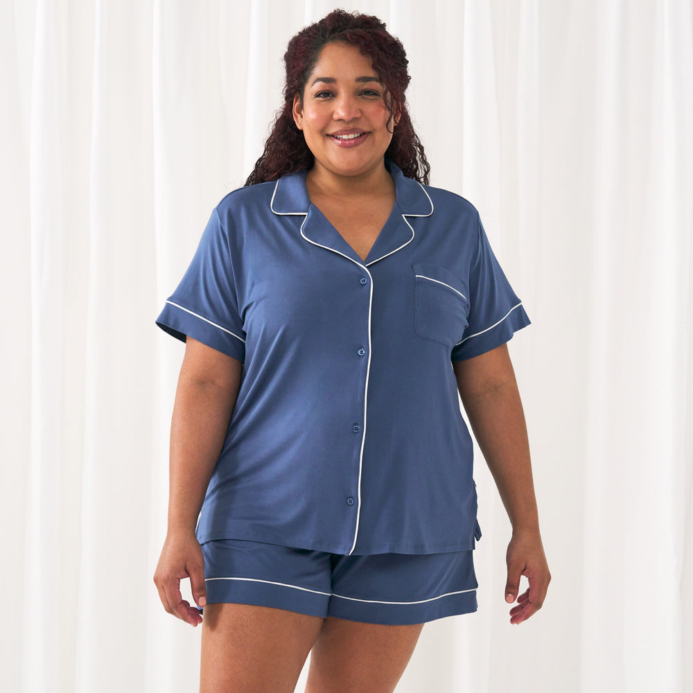 woman wearing an Indigo women's short sleeve and shorts pajama set
