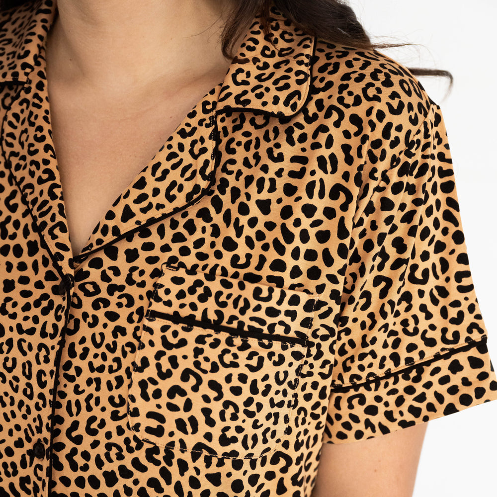 Close up image of the collar and pocket detail on the Classic Leopard Women's Pajama Set