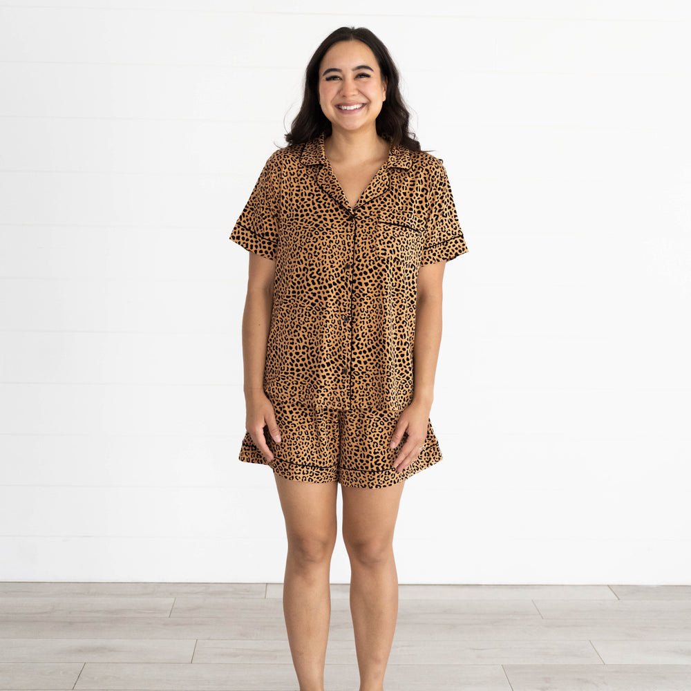 Female model smiling while wearing the Classic Leopard Women's Pajama Set