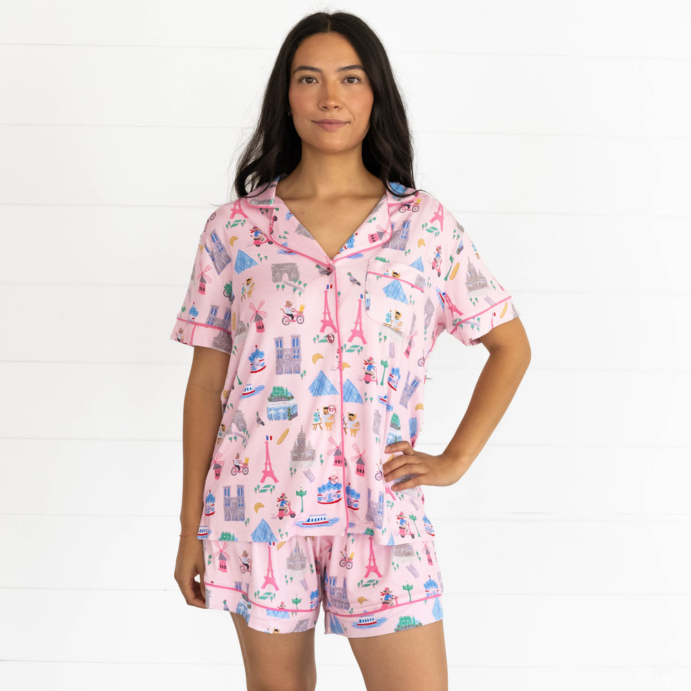Female wearing the Pink Weekend in Paris Women's Short Sleeve & Shorts Pajama Set