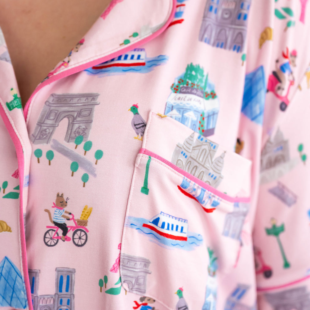 Close up image of the pocket and collar detail on the Pink Weekend in Paris Women's Short Sleeve & Shorts Pajama Set