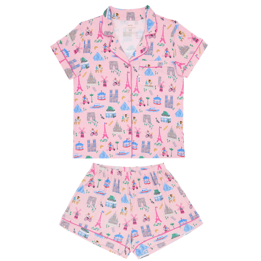 Flat lay image of the Pink Weekend in Paris Women's Short Sleeve & Shorts Pajama Set