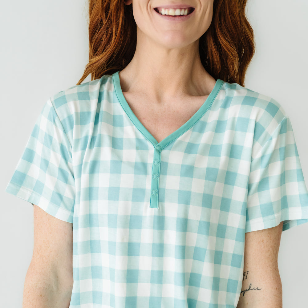 Click to see full screen - Close up image of a woman wearing a Aqua Gingham women's pajama top