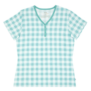 Flat lay image of women's Aqua Gingham short sleeve pajama top