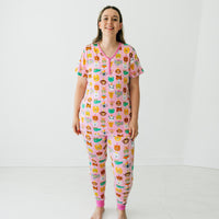 Alternate image of a woman wearing a Pink Party Pals women's pj top and matching women's pj pants