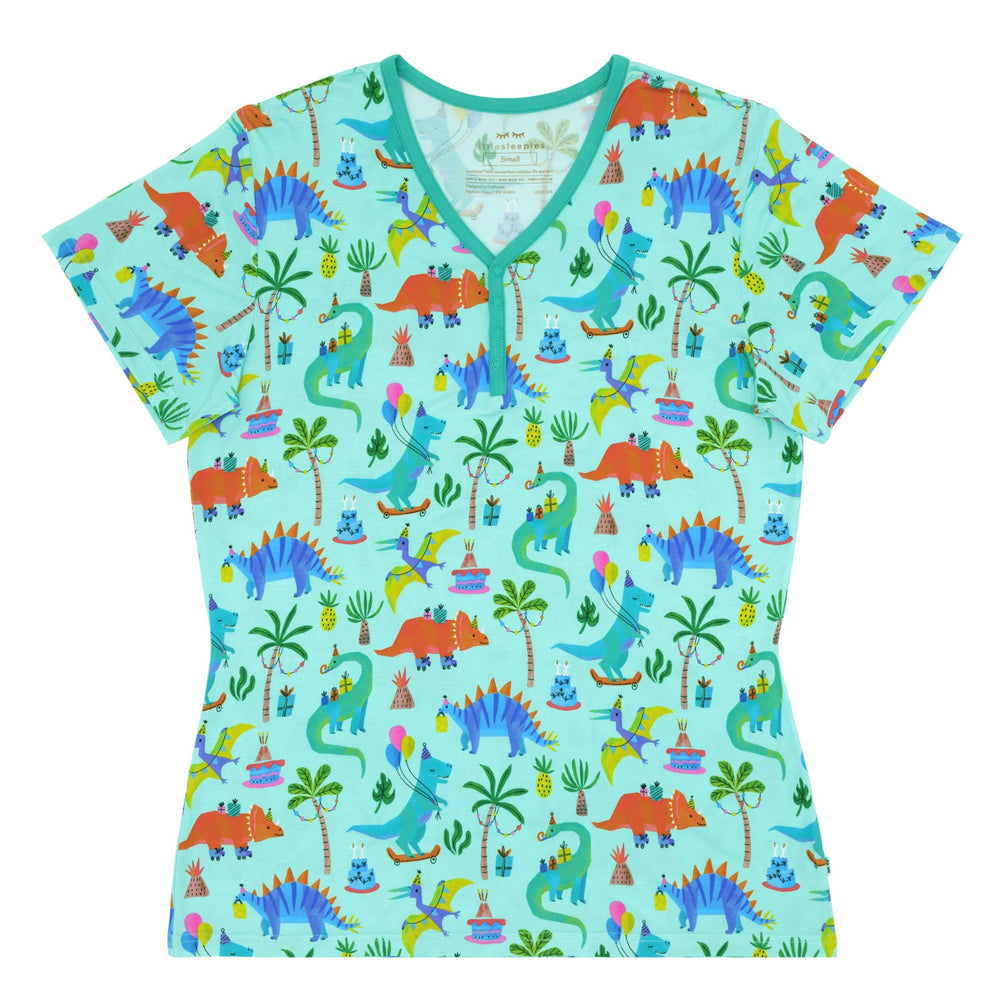 Flat lay image of a women's Prehistoric Party short sleeve pj top