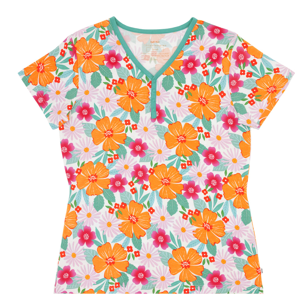 Flat lay image of a women's Beachy Blooms pajama top