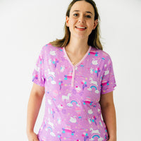 Alternate close up image of a woman wearing a Magical Birthday women's short sleeve pj top