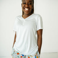 alternate Close up image of a woman wearing a Bright White women's short sleeve pajama top