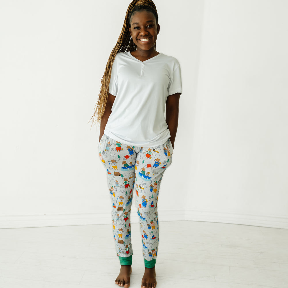 Woman wearing Papa Bear women's pj pants and a women's bright white pj top