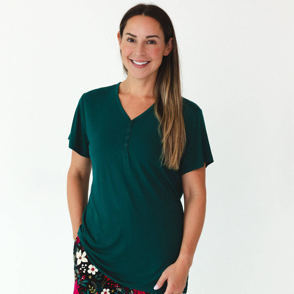 Close up image of smiling female model wearing the Emerald Women's Short Sleeve Pajama Top