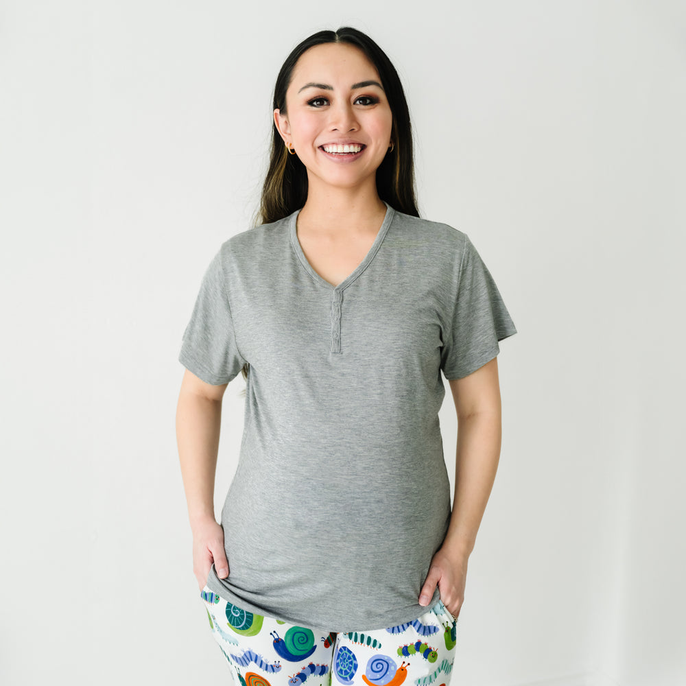 Close up image of a woman wearing a Heather Gray women's short sleeve pajama top