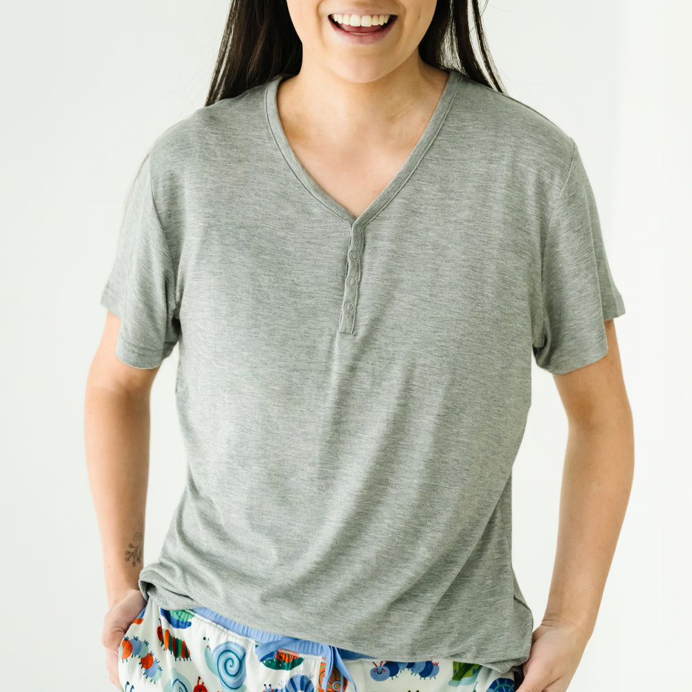 Alternate close up image of a woman wearing a Heather Gray women's short sleeve pajama top