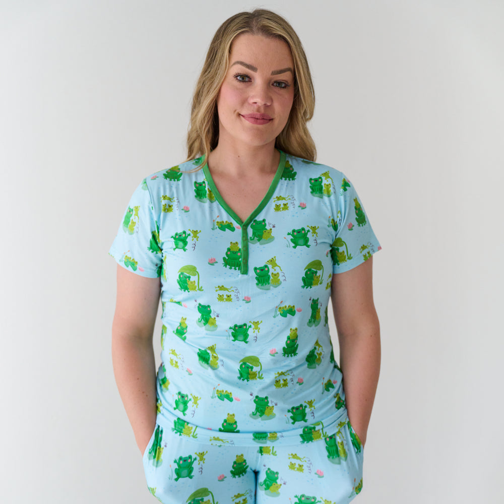 Close up image of a woman wearing a Leaping Love women's short sleeve pajama top and matching pajama pants