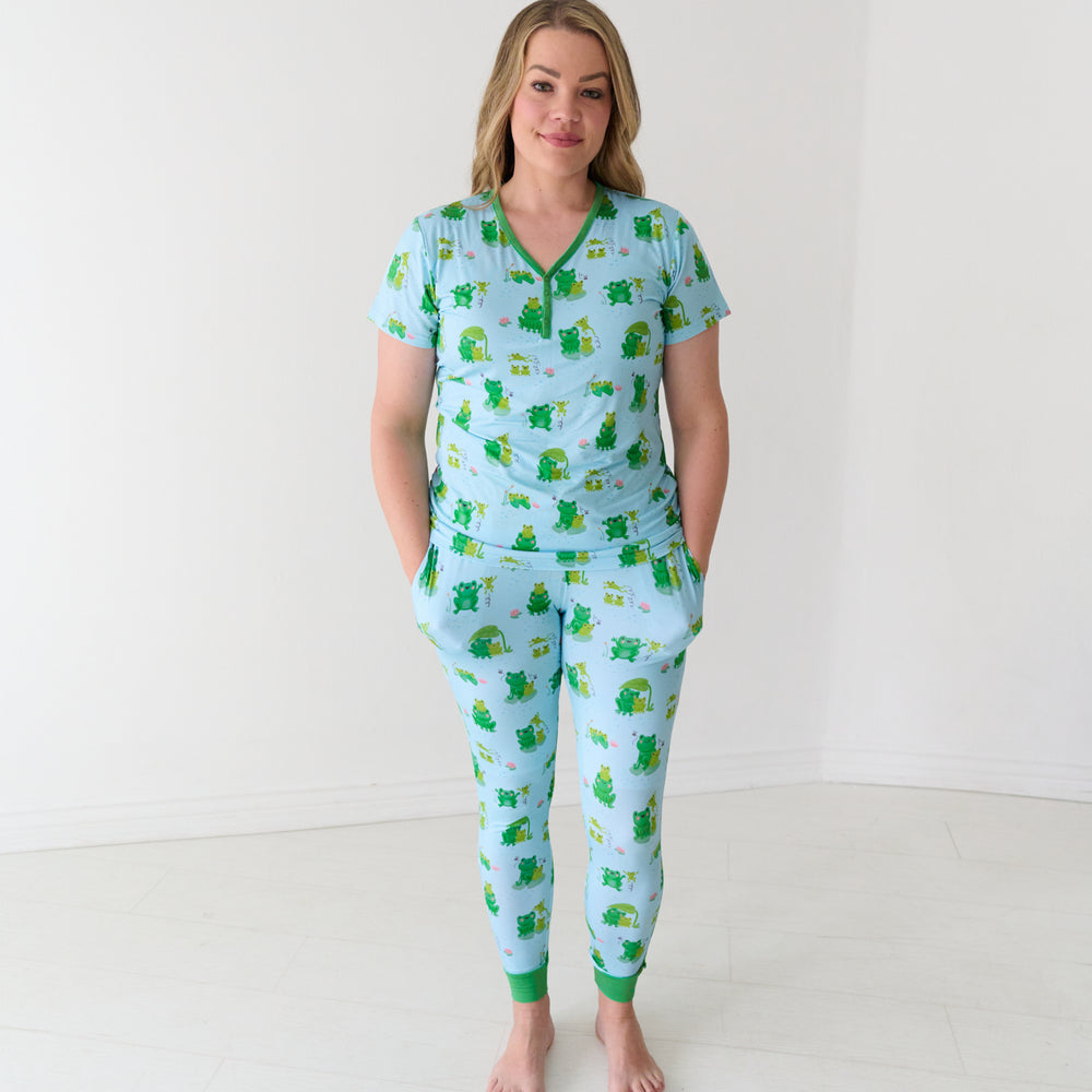 Woman wearing a Leaping Love women's short sleeve pajama top and matching pajama pants