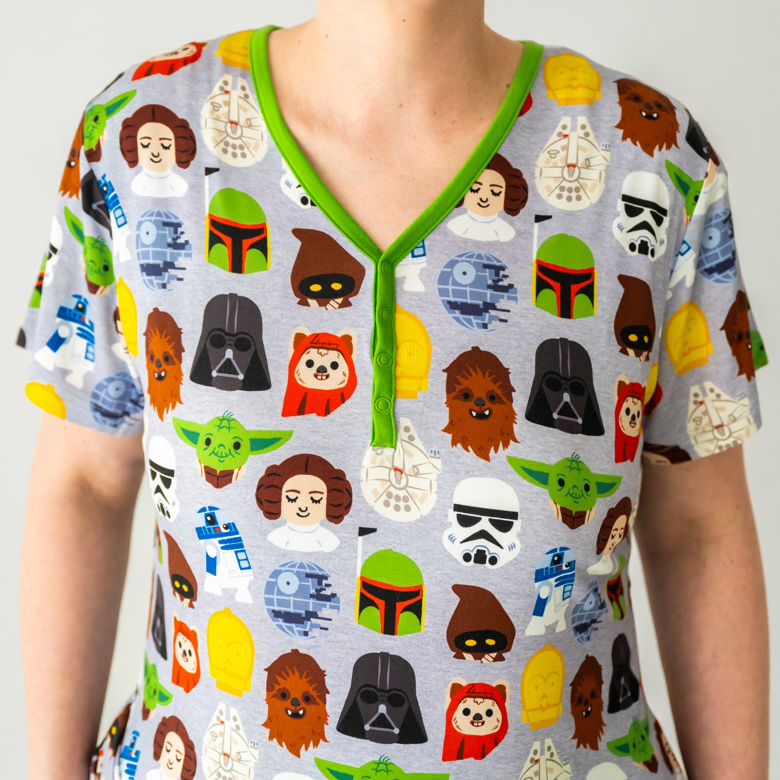 Close up image of a woman wearing a Legends of the Galaxy women's pajama top