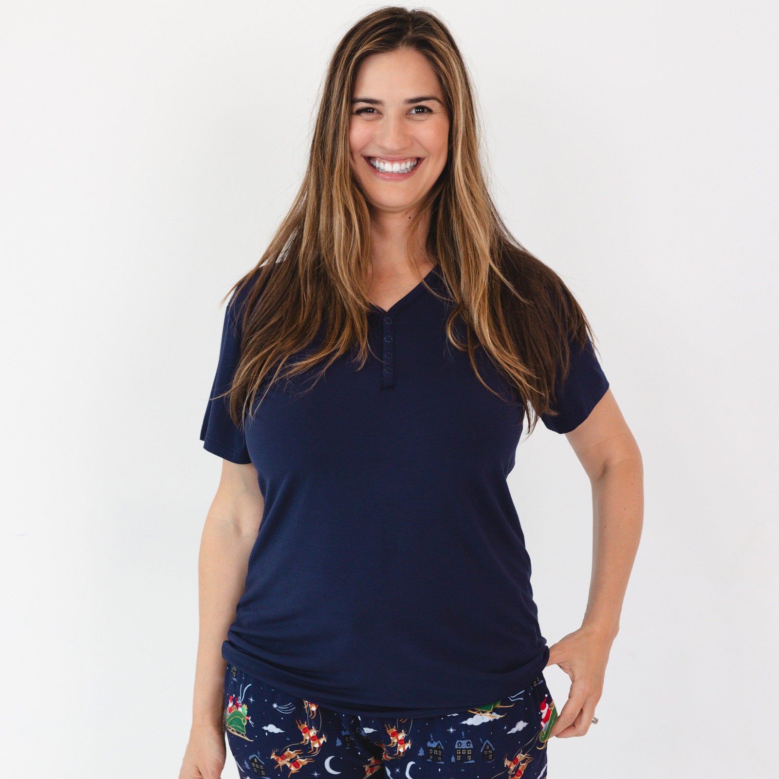 Close up image of female posing while wearing the Classic Navy Women's Short Sleeve Pajama Top