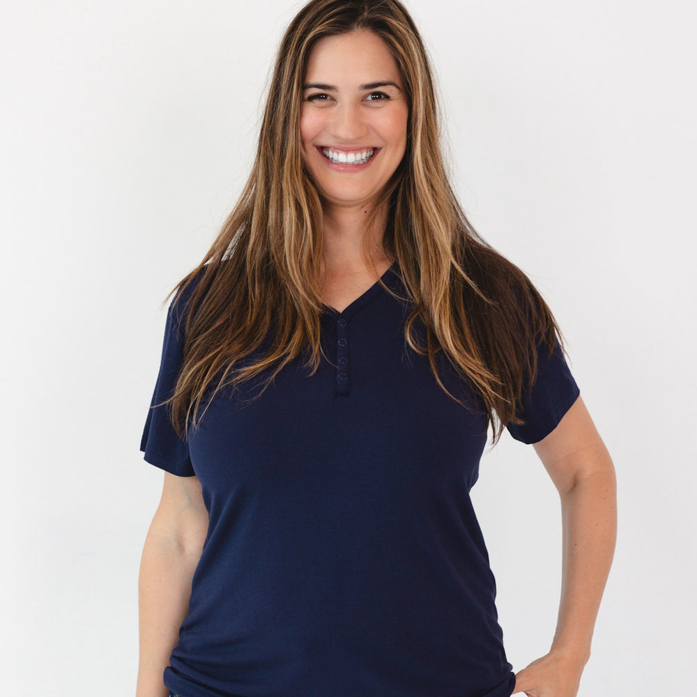 cropped in photo of womens short sleeve classic navy pajama top