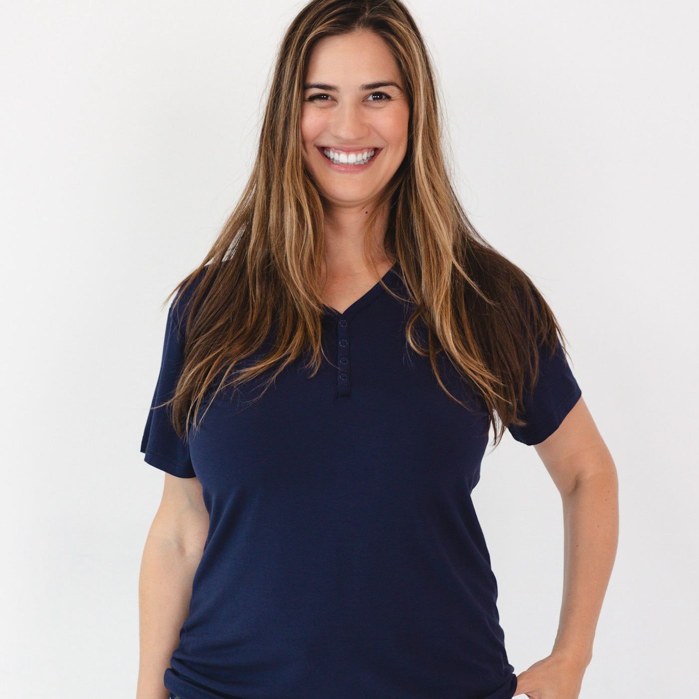 cropped in photo of womens short sleeve classic navy pajama top