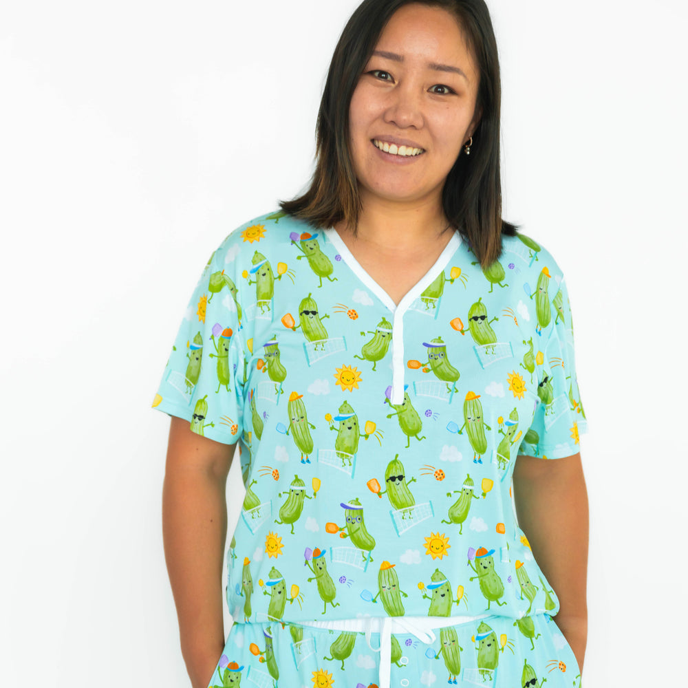 Woman wearing the Pickle Power Women's Short Sleeve Pajama Top