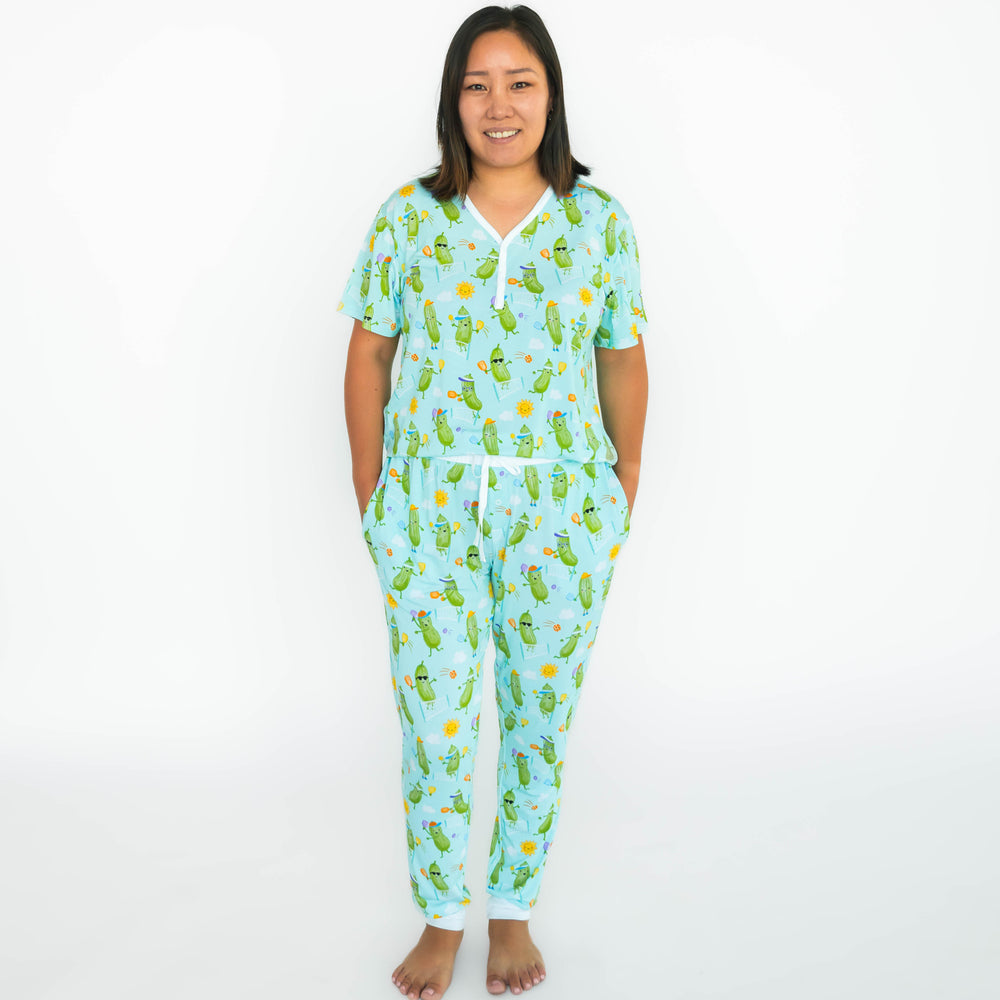 Full image of woman wearing the Pickle Power Women's Short Sleeve Pajama Top and the Pickle Power Women's Pajama Pant