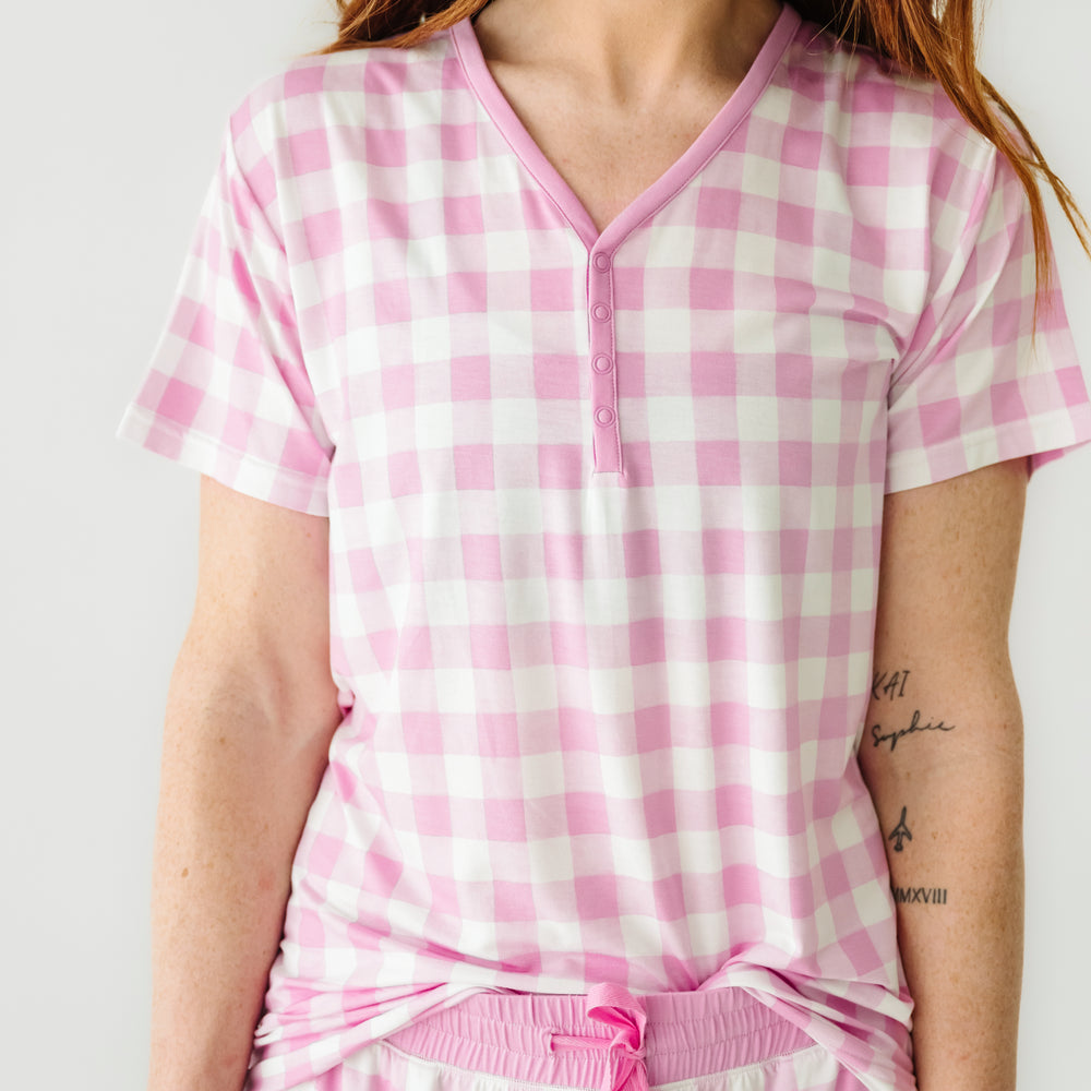 Click to see full screen - Alternate close up image of a woman wearing a Pink Gingham women's pajama top