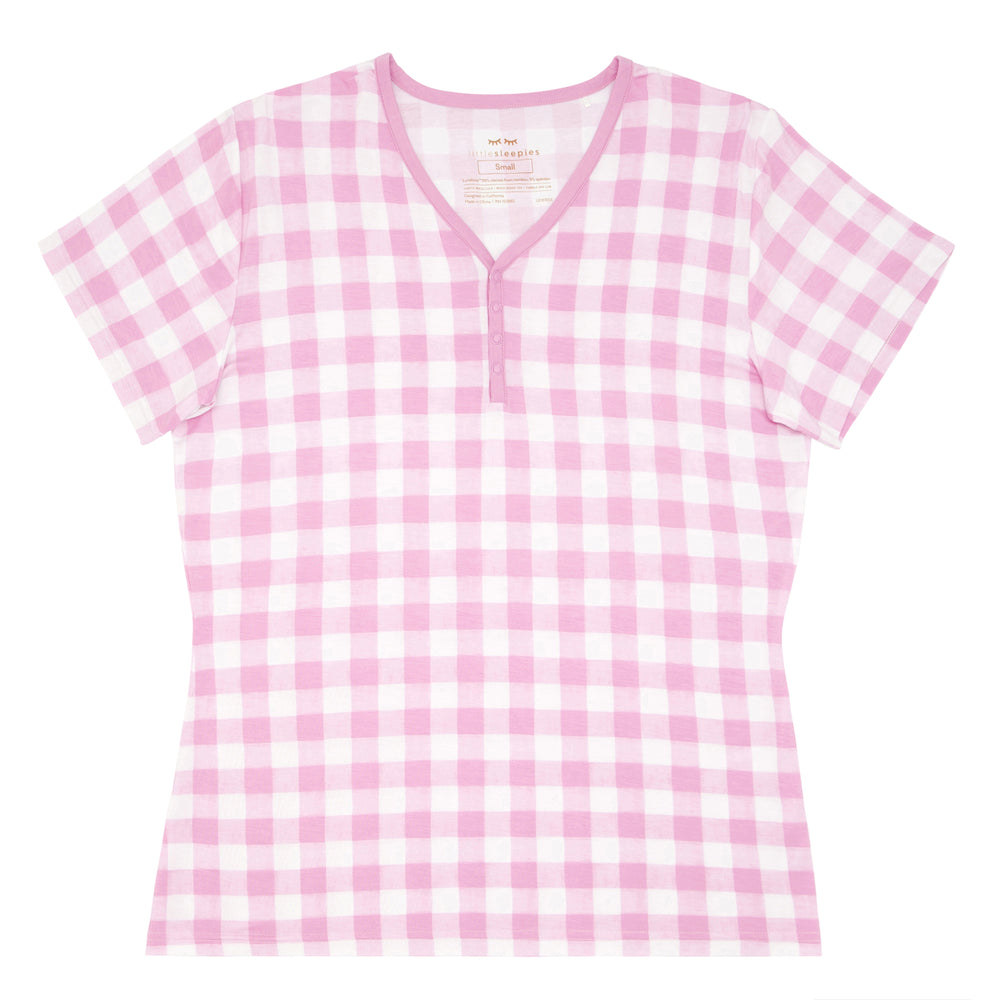 Click to see full screen - Flat lay image of a Pink Gingham women's short sleeve pajama top