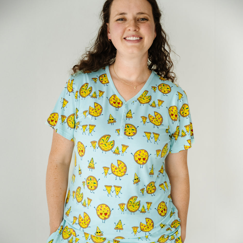 Close up image of a woman wearing Pizza Pals women's pj top