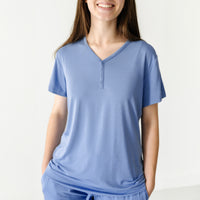 Close up image of a woman wearing a Slate Blue women's short sleeve pajama top