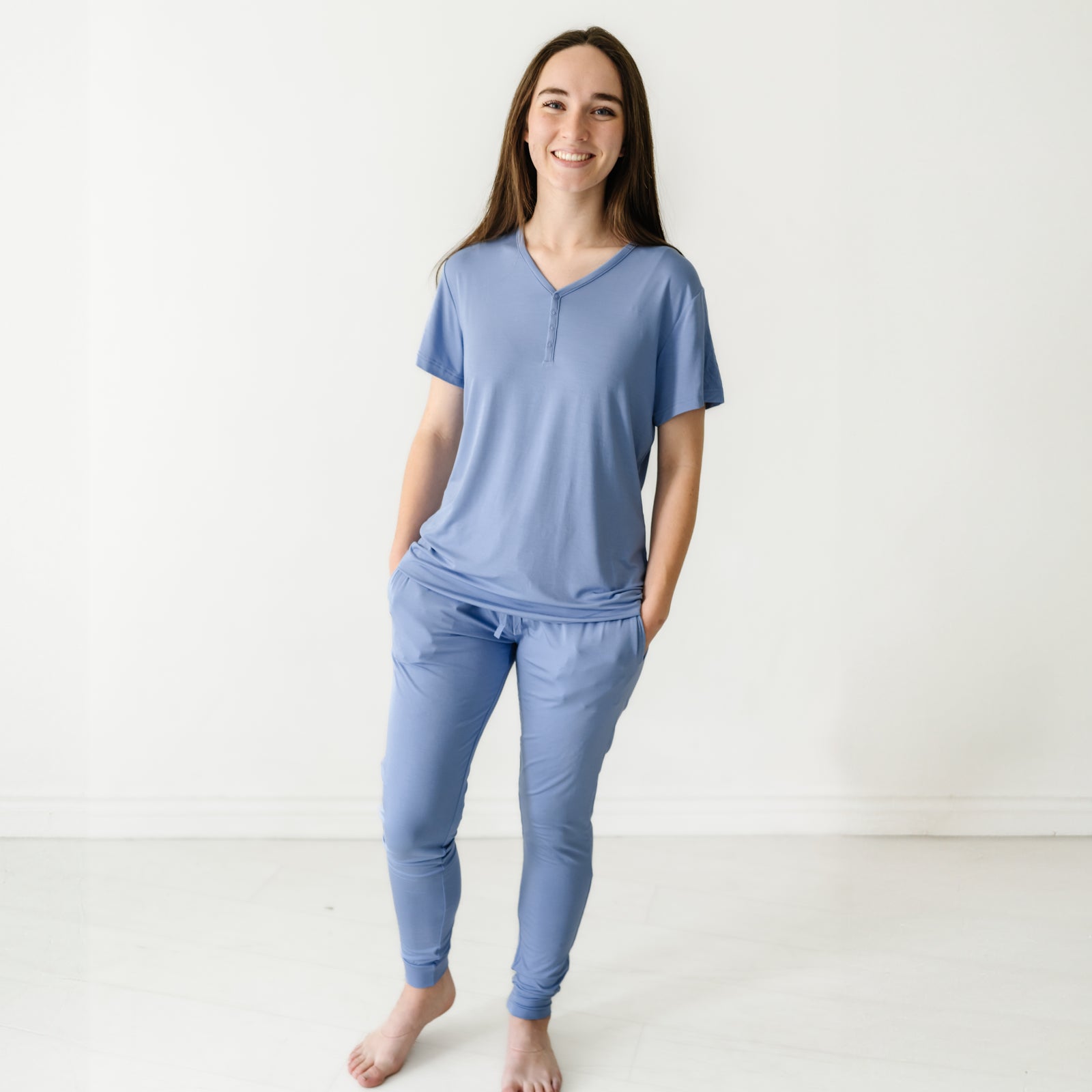woman wearing Slate Blue women's short sleeve pajama top and matching women's pj pants