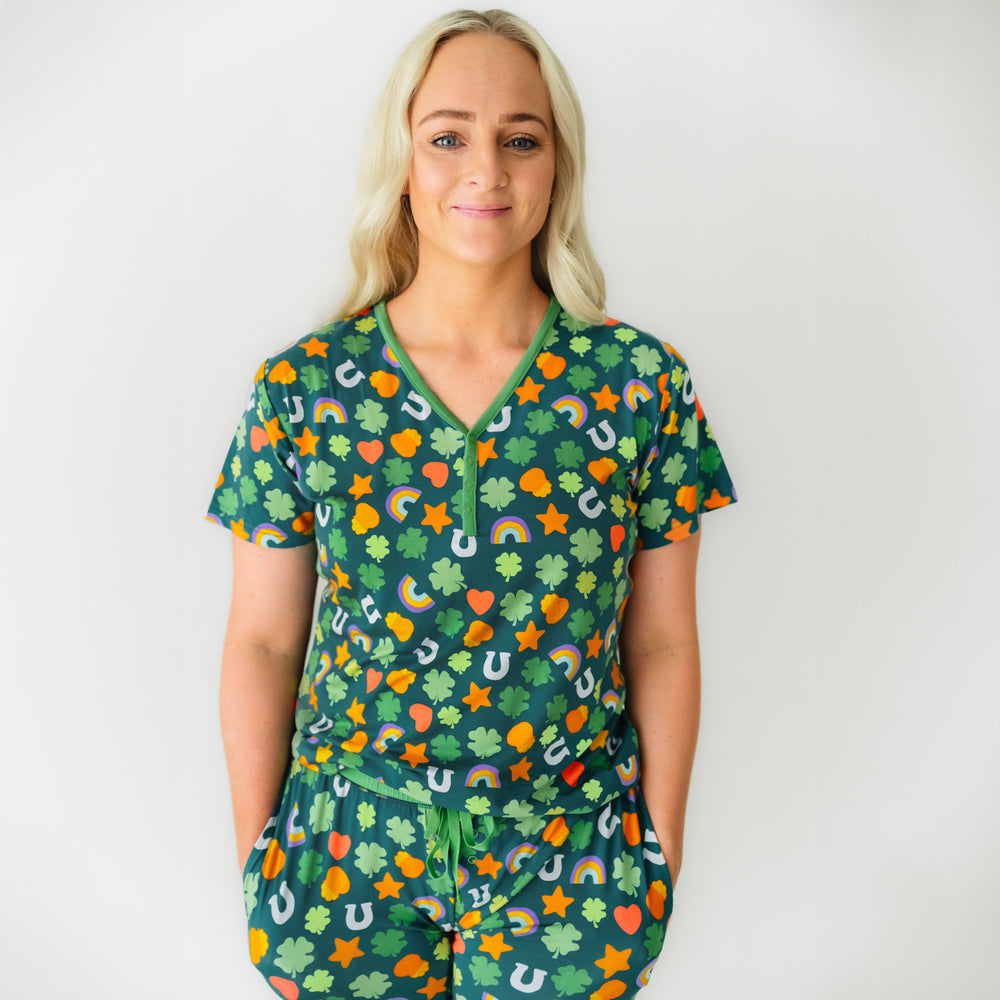 Click to see full screen - Woman wearing a Lucky printed women's pajama top