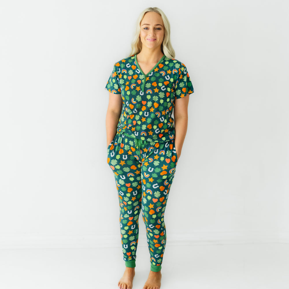 Click to see full screen - Woman wearing a women's Lucky printed pajama top and matching pajama pants